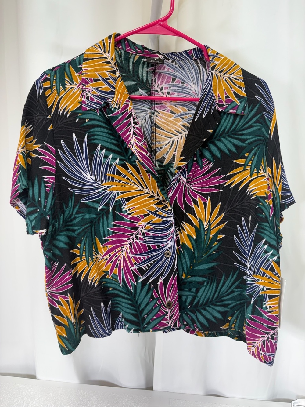 Hurley Black Tropical Crop Button-Down with Mustard, Teal & Magenta Palms 3992